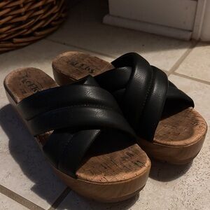 Kork-Ease Black Leather Mules with Brown Sole